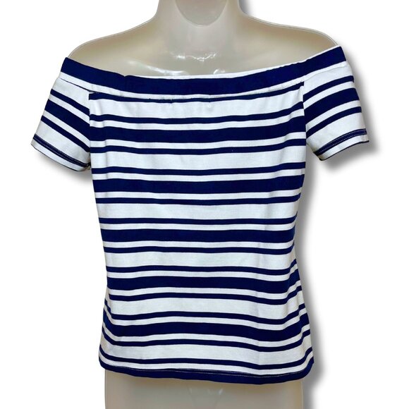 Off Shoulder Striped Top Nautical Blue White Stretch Tee Retro Summer - Picture 3 of 7